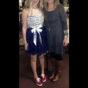 Free Me lace and blue ruffled dress from Dillards